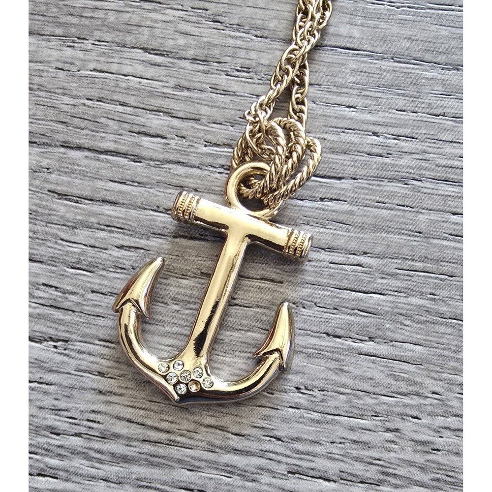 Blue & White Enamel Anchor With Gold Tone Chain Nautical Summer Beach - Picture 8 of 9